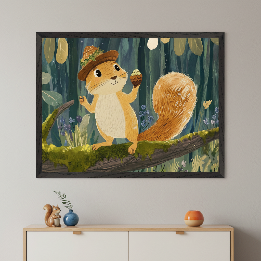 Modern room with a light wood and white cabinet below. Centered above it hangs a framed, whimsical illustration of a squirrel wearing a hat and holding an acorn, sitting on a mossy branch in a forest.