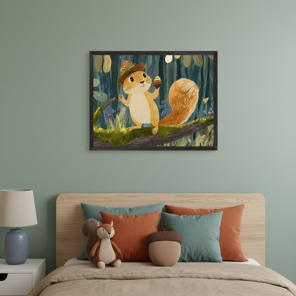 Kid's bedroom with a bed, light wood headboard, and a white nightstand with a blue lamp. A squirrel plush and an acorn plush are on the bed. Above the bed, a framed illustration features a cartoon squirrel wearing a hat, holding an acorn, sitting on a mossy branch in a dark forest.