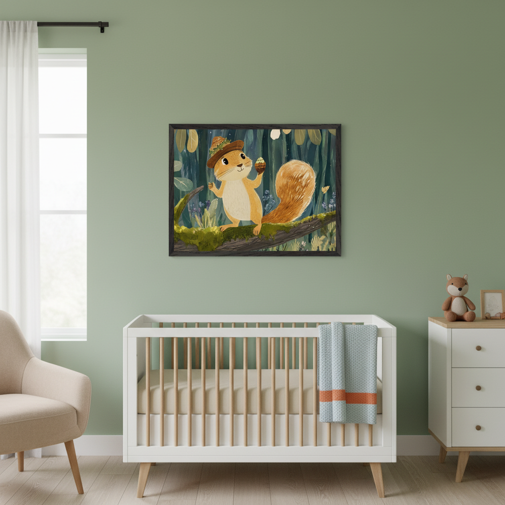 Modern nursery with sage green walls. A white and light wood crib is in the foreground, with a matching dresser to its right and a beige armchair to its left. A framed print of a cartoon squirrel in a hat holding an acorn in a forest hangs above the crib.