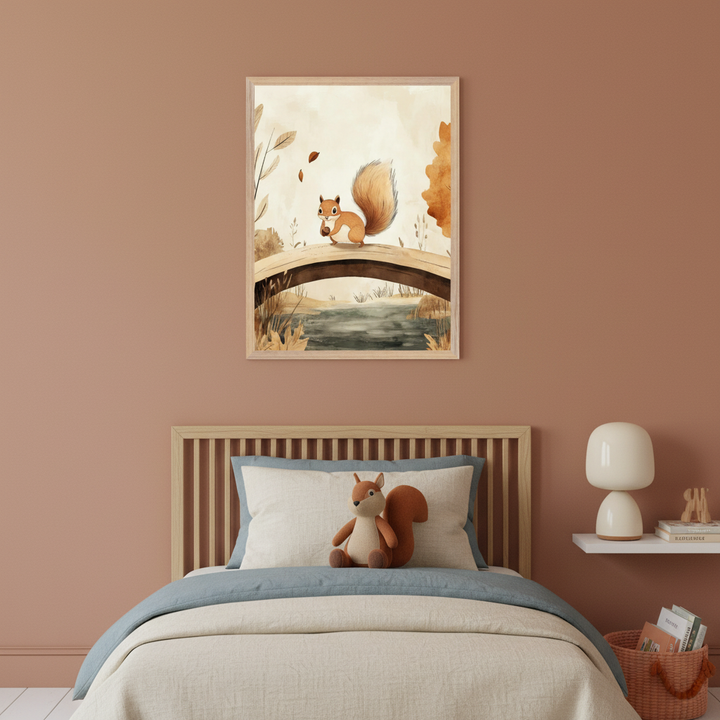 Modern kid's bedroom with a wooden bed. A framed watercolor painting of a squirrel with an acorn on a bridge over water, surrounded by autumn foliage, hangs centered above the bed. A white lamp sits on a floating shelf to the right.