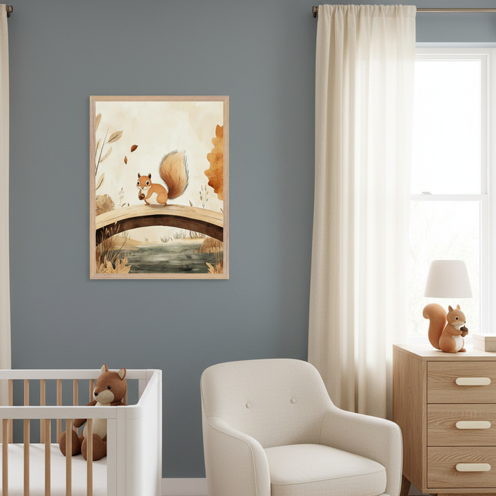 Modern nursery with white crib, cream armchair, and light wood dresser. A framed watercolor print of a squirrel holding an acorn on a bridge over water with autumn foliage hangs on the blue-gray wall.