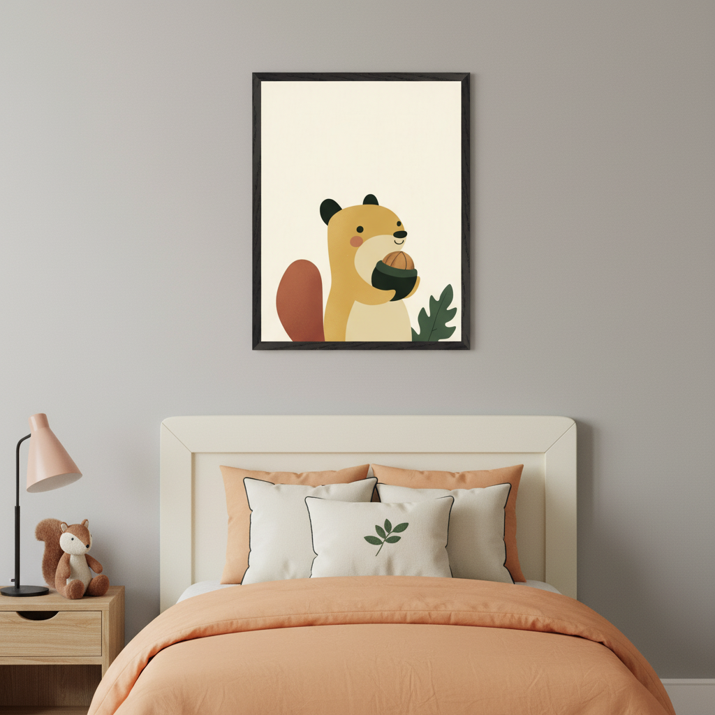Modern bedroom with a white headboard bed, peach bedding, and wood nightstand with a pink lamp and squirrel plush. A black-framed print of a cartoon squirrel holding an acorn hangs on the gray wall above the bed.