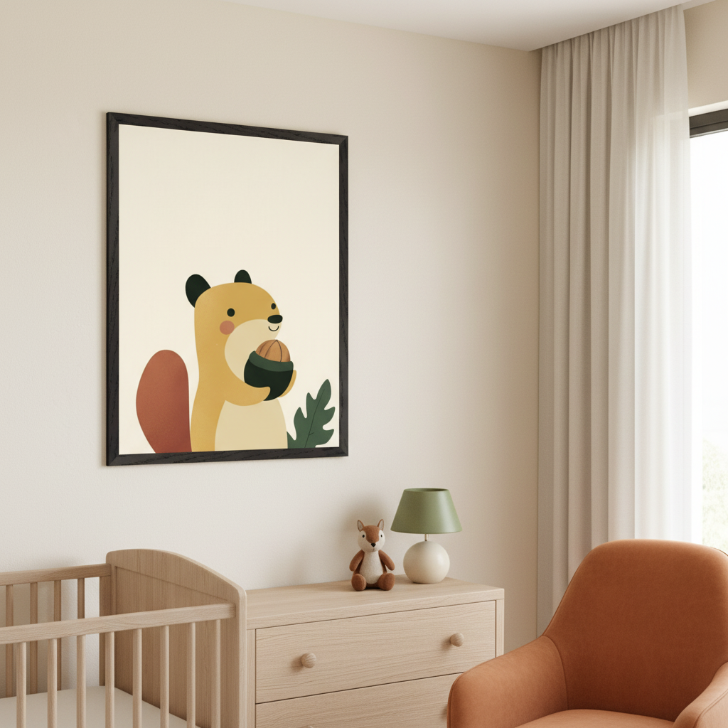 Modern nursery with a light wood crib and dresser. A large framed print on the wall shows a minimalist cartoon squirrel, yellow and brown, holding a brown acorn, with a green leaf. An orange armchair is also visible.