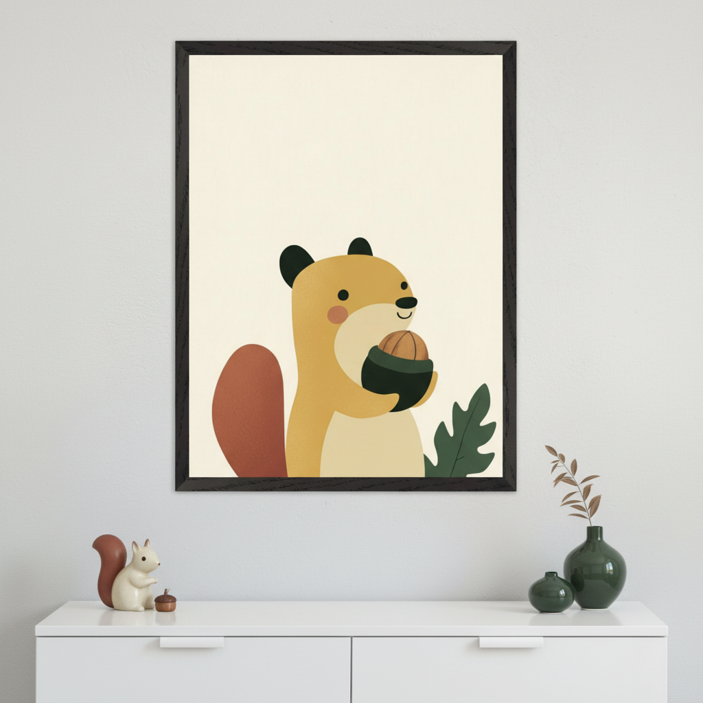 Framed wall art of a cute illustrated squirrel holding an acorn with a green leaf in the background, styled in earthy tones. Below the artwork, a white console holds a ceramic squirrel figurine, a tiny acorn, and dark green vases with dried stems for a cozy, autumn-themed decor setup.