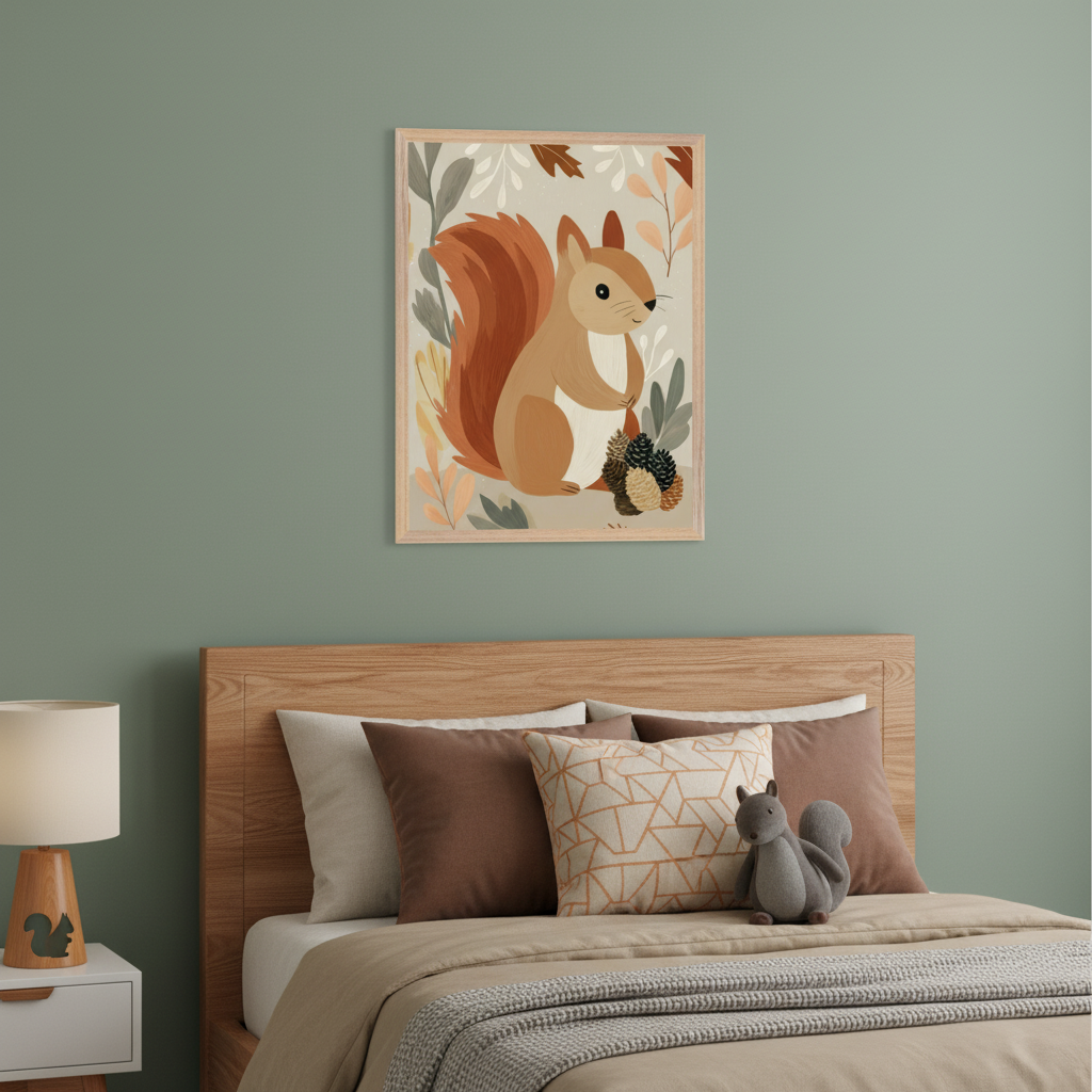 Kid's bedroom with sage green walls, a wooden bed, and a white nightstand. A framed illustration of a squirrel holding pinecones and autumnal leaves hangs centered above the bed. A squirrel lamp is on the nightstand, and a plush squirrel sits on the bed.