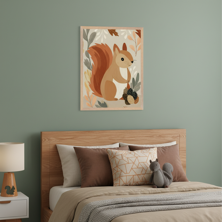 Kid's bedroom with sage green walls, a wooden bed, and a white nightstand. A framed illustration of a squirrel holding pinecones and autumnal leaves hangs centered above the bed. A squirrel lamp is on the nightstand, and a plush squirrel sits on the bed.