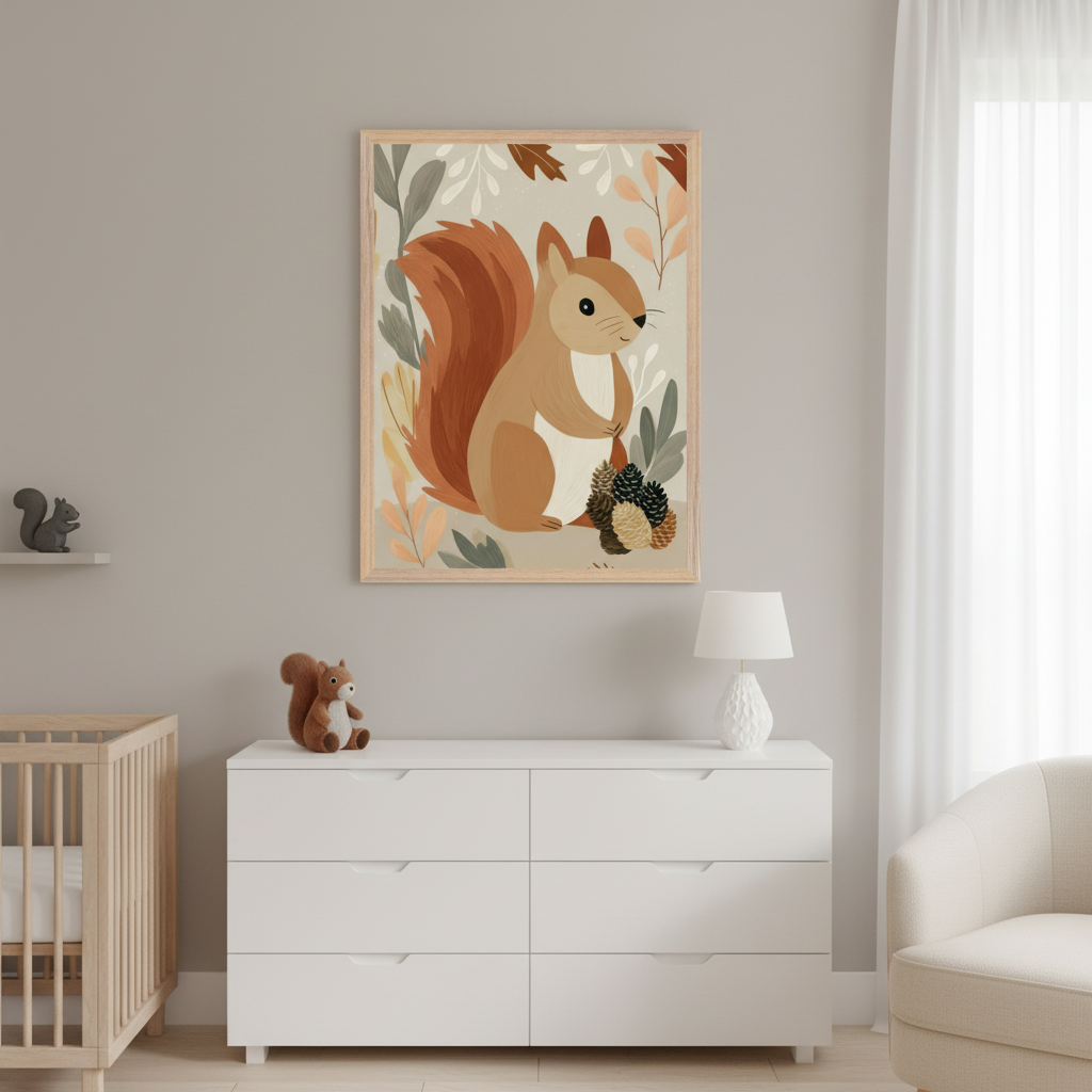 Modern nursery with a wooden crib, white dresser, and cream armchair. A large framed illustration of a brown squirrel with pinecones and autumn leaves hangs above the dresser.