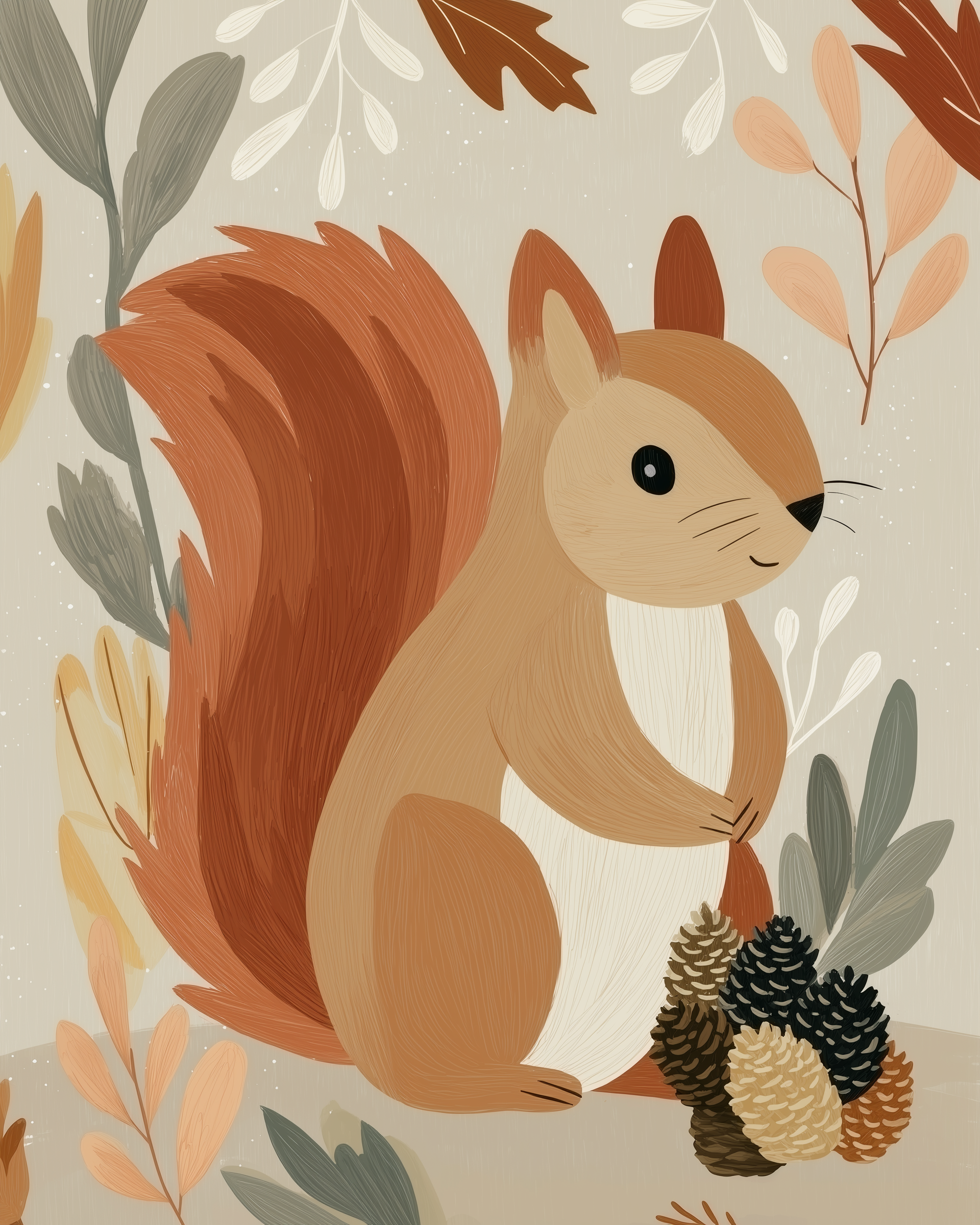 A charming illustration of a squirrel with a bushy red tail, sitting upright next to a small pile of pinecones. The background features stylized leaves in muted autumn colors, creating a cozy, woodland atmosphere.