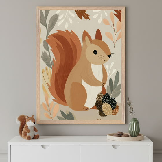 A framed illustration of a cute, cartoon-style squirrel with a bushy tail holding pinecones, surrounded by autumn leaves in muted earthy tones. The artwork is displayed above a white cabinet, which holds a small stuffed squirrel toy and minimalist decor, creating a cozy woodland-themed aesthetic.