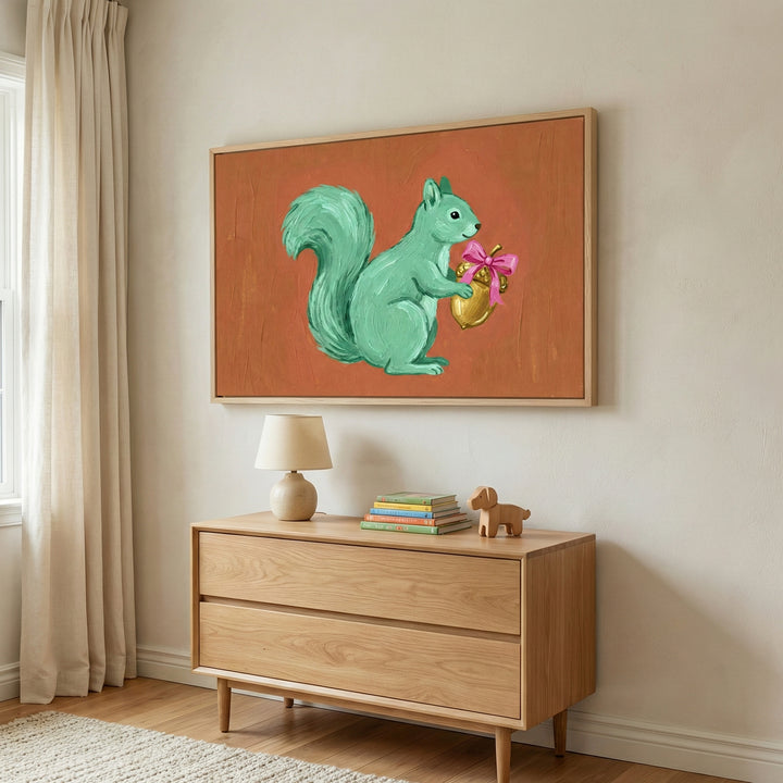 A playful woodland-themed art piece featuring a green squirrel with a pink-bowed golden acorn, adding a fun and magical touch to a softly lit nursery with natural wood furniture and gentle tones.