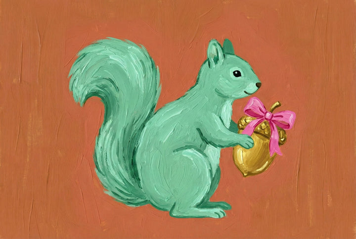 Whimsical oil painting of a mint green squirrel holding a shiny golden acorn wrapped with a bright pink bow. The squirrel stands upright against a warm terracotta background, giving the image a playful and festive tone.
