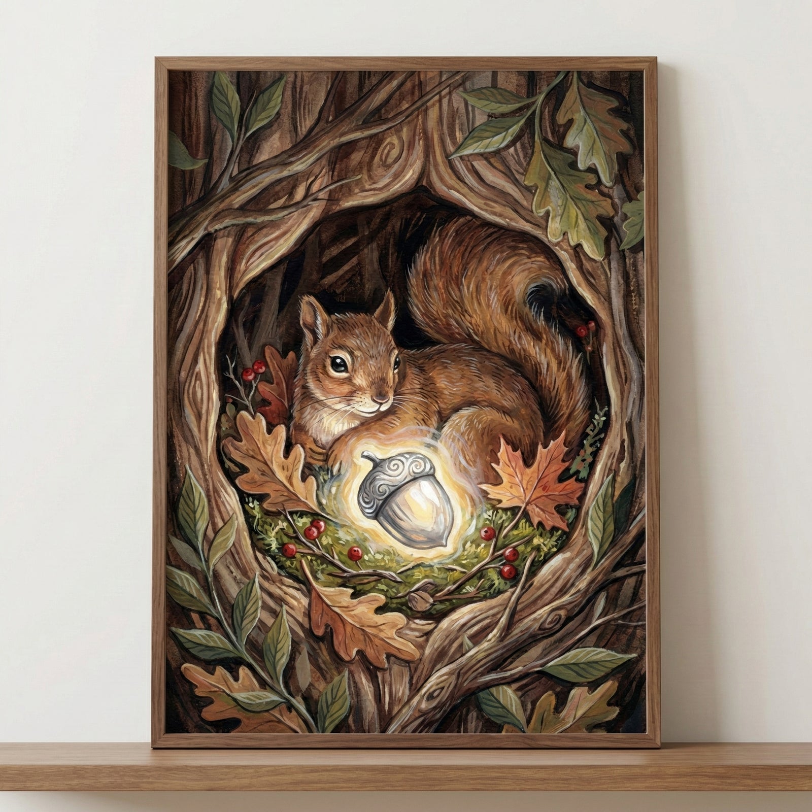Detailed painting of a red squirrel curled up inside a hollow tree, gazing at a softly glowing acorn. The nest is framed by oak leaves, twigs, and berries, evoking a cozy woodland burrow.