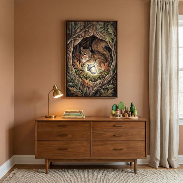 Squirrel print displayed in a warmly lit children's room with earthy wall tones and wood furniture. The glowing acorn adds a gentle sense of magic and wonder to the natural scene.