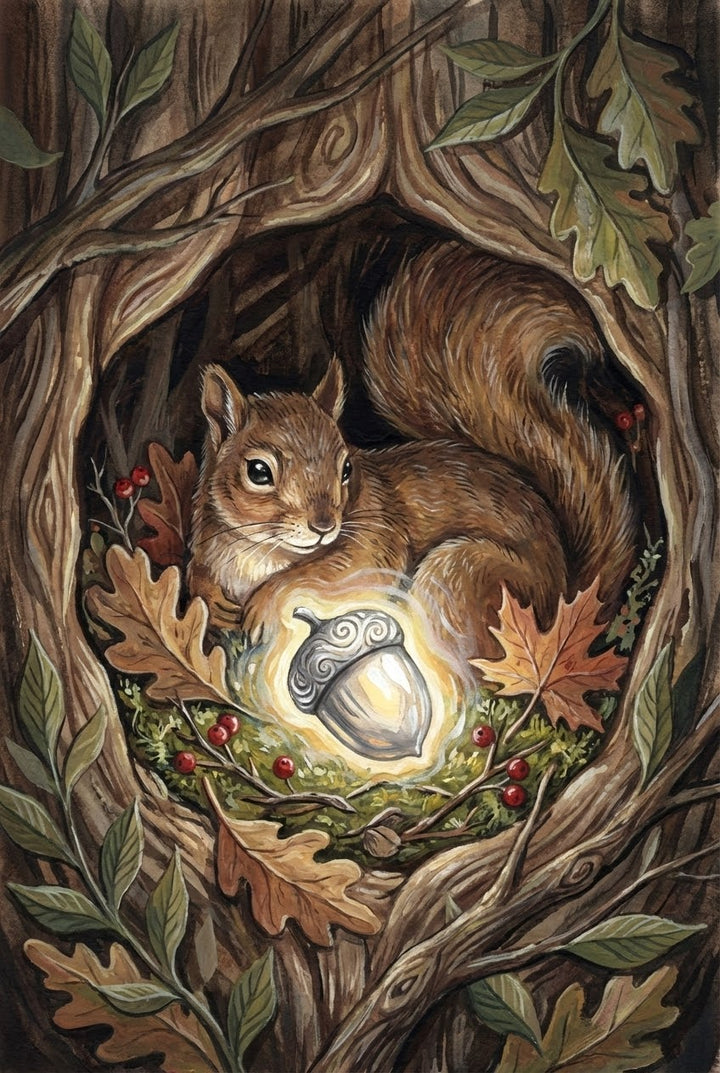 A squirrel nestled inside a hollow tree trunk cradles a glowing, silver-capped acorn surrounded by autumn leaves, moss, and red berries. Twisting tree branches and oak leaves frame the cozy woodland scene, adding a magical, enchanted forest vibe.