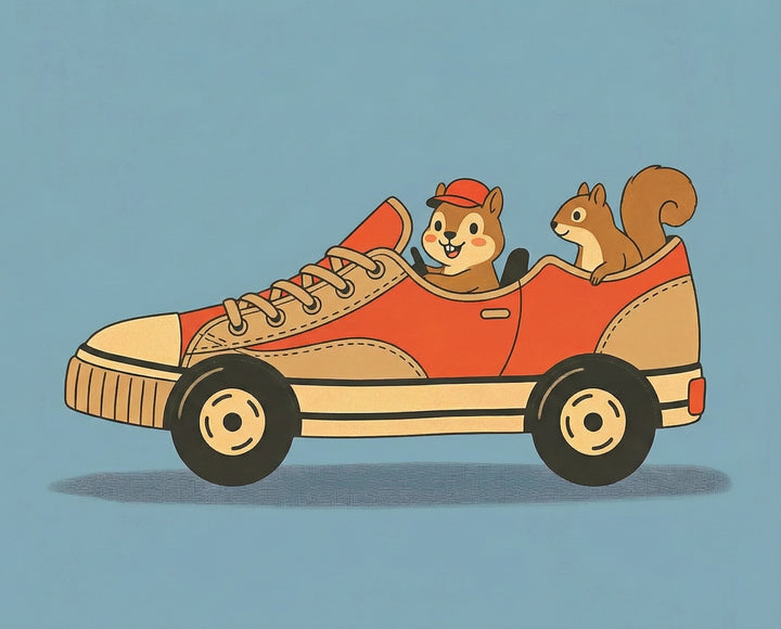 Two chipmunks ride in a playful car designed like an orange and beige sneaker, with one wearing a red cap and driving while the other enjoys the ride in the back, making it a whimsical and kid-friendly design that also charms adults.
