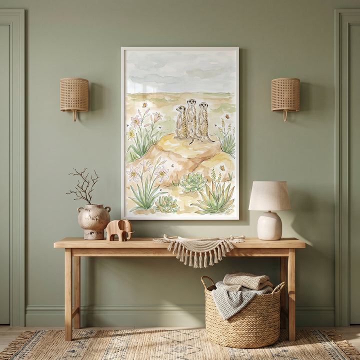 Framed standing lookout desert meerkats wall art on a green wall above a wooden console table with neutral decor.