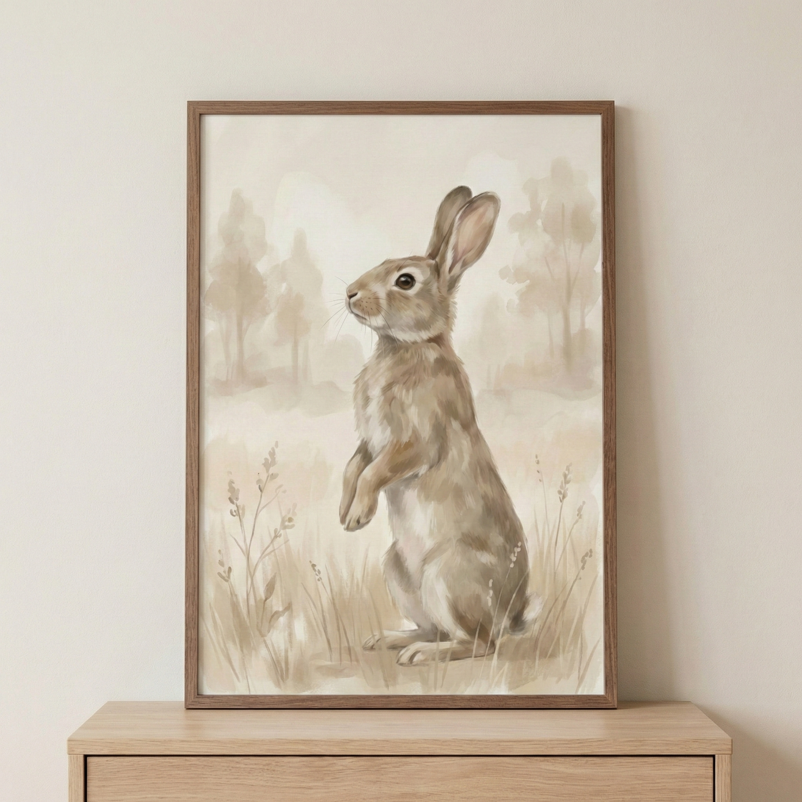 A framed watercolor-style illustration features a brown rabbit standing upright on its hind legs. The rabbit is rendered in a soft, naturalistic style with a gentle expression, looking towards the side. It is positioned amidst tall, delicate grasses in the foreground. The background is a hazy, ethereal forest scene with suggestively rendered trees in a muted palette of beiges, tans, and soft creams. 