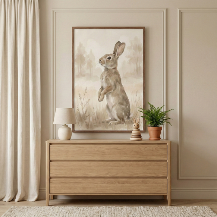 A high-resolution, vertical watercolor-style illustration of a brown rabbit standing on its hind legs in a field of soft, tall grass and misty trees. The illustration features a palette of muted beiges, tans, and creams, and is encased in a simple, dark wood frame. This artwork hangs on a light beige wall decorated with elegant, rectangular molding.

