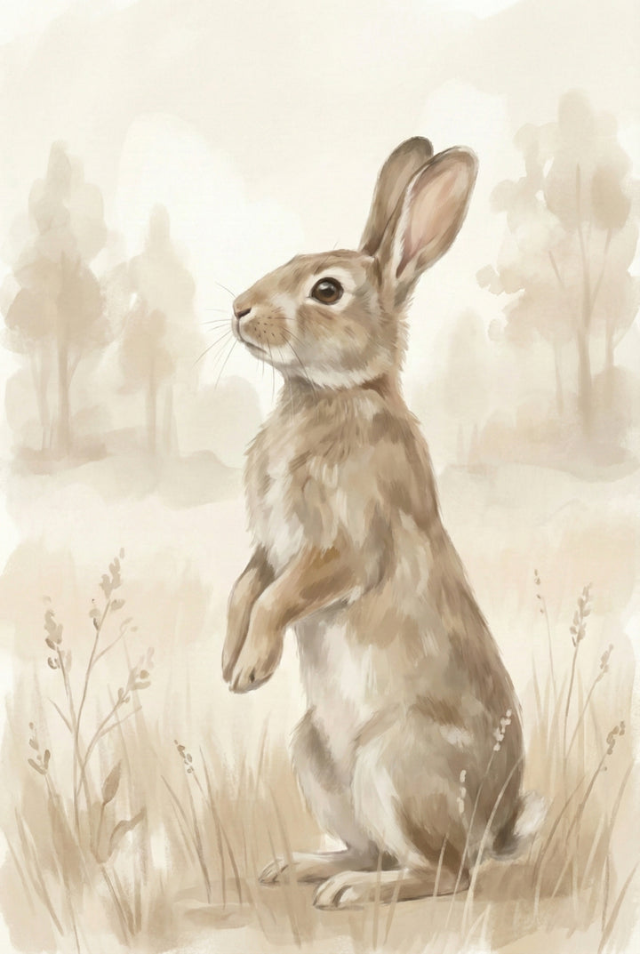 Soft watercolor artwork of a standing rabbit in a misty meadow setting, illustrated in light beige and cream tones with a peaceful woodland aesthetic.

