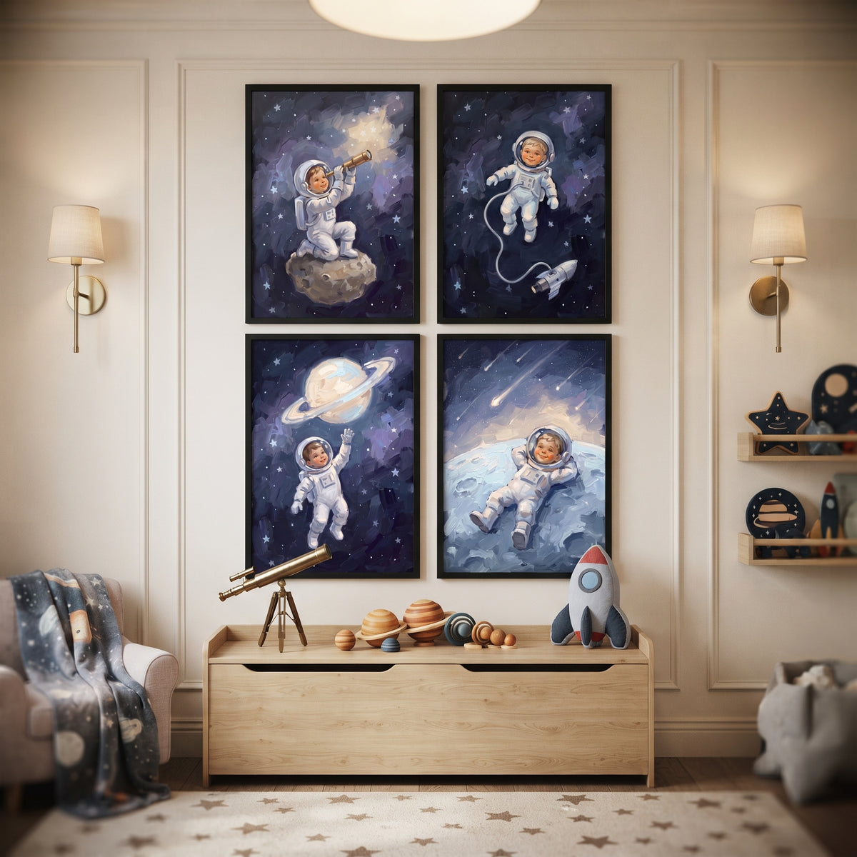Star Filled Baby Astronaut Print Set of 4 - Little Astronaut Dreams