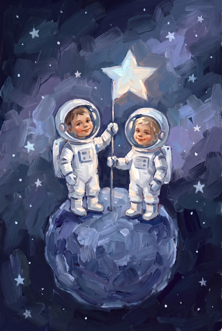 Two children in spacesuits stand on a blue moon in this star flag toddler astronauts wall art with a starry sky.