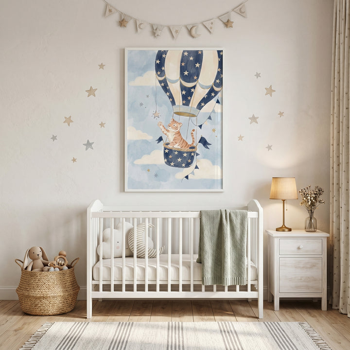 Star reaching watercolor tiger wall art hangs above a white crib in a neutral nursery with star decals and a lamp.