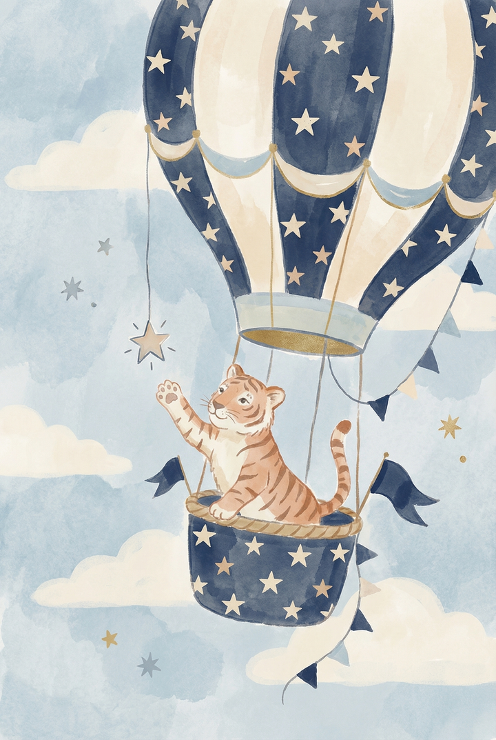 Star reaching watercolor tiger wall art shows a cub in a navy blue starry balloon reaching for a star among soft clouds.