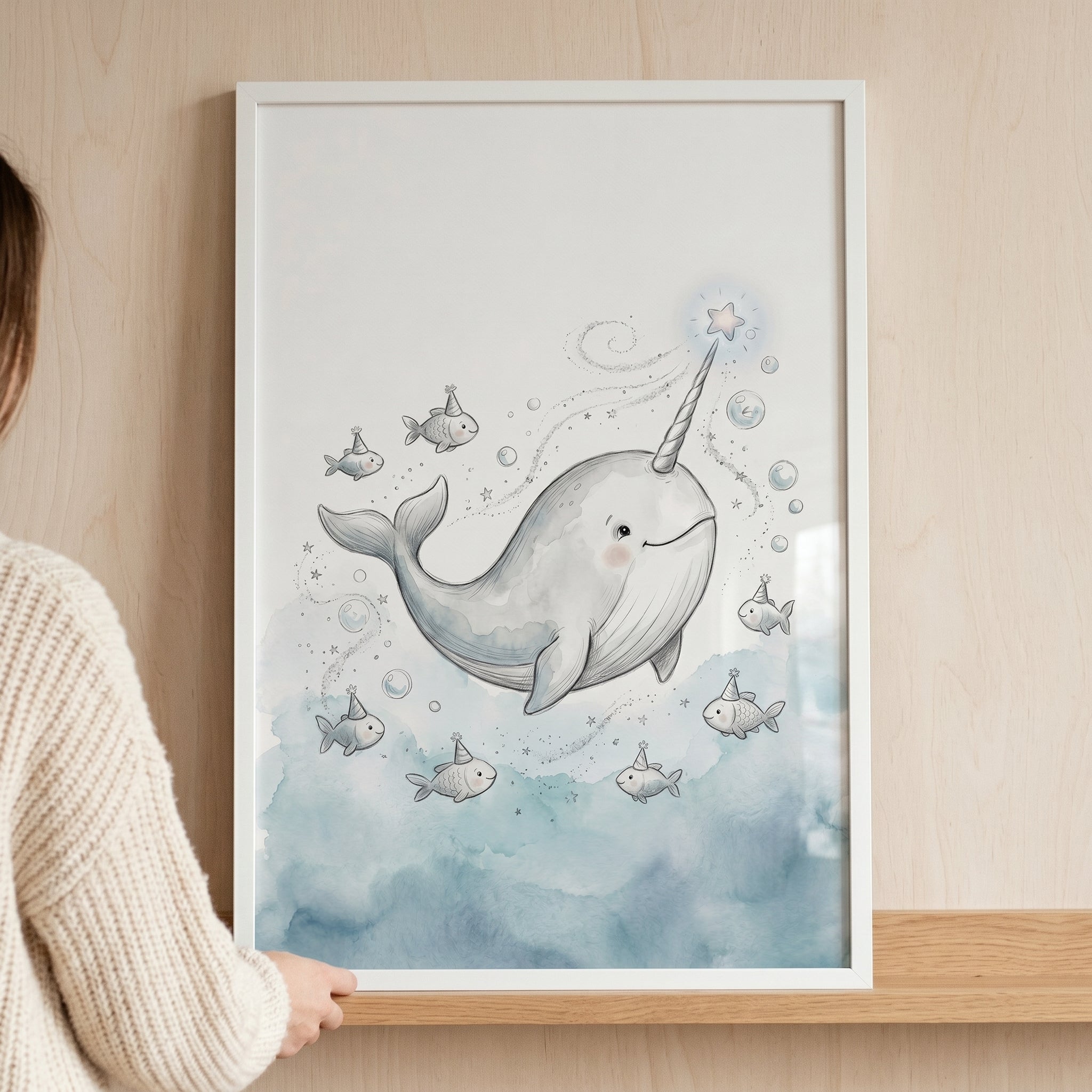 Star Tusk Smiling Narwhal Wall Art - Magical Sea Friends