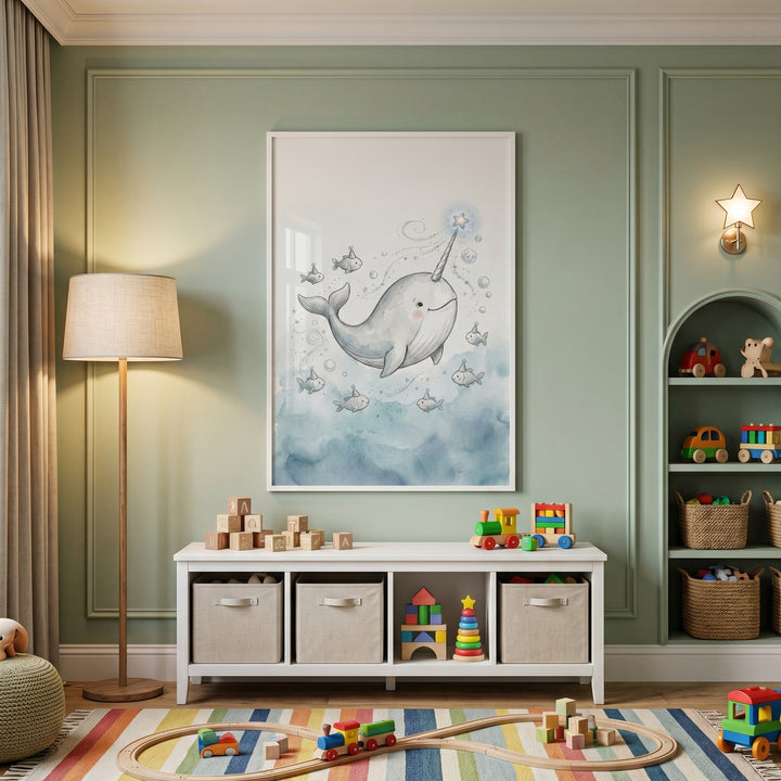 Star tusk smiling narwhal wall art above a white toy bench in a green nursery with a striped rug and wooden toys.