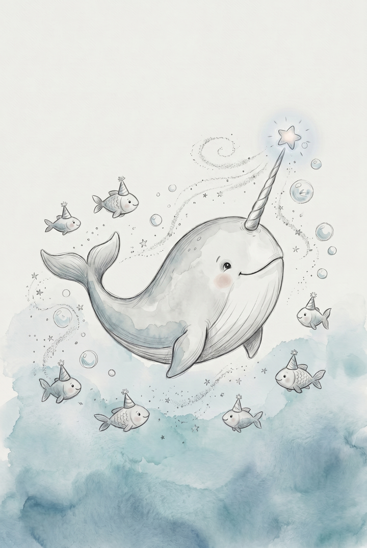 Whimsical star tusk smiling narwhal wall art surrounded by tiny fish in party hats and floating bubbles.