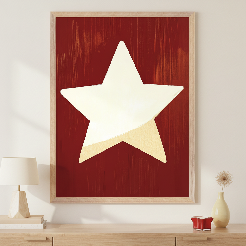 Modern room with a light wood dresser. A large framed print of a cream star on a brushed dark red background hangs centered above the dresser. Lamp and books on left, candle and vase on right.
