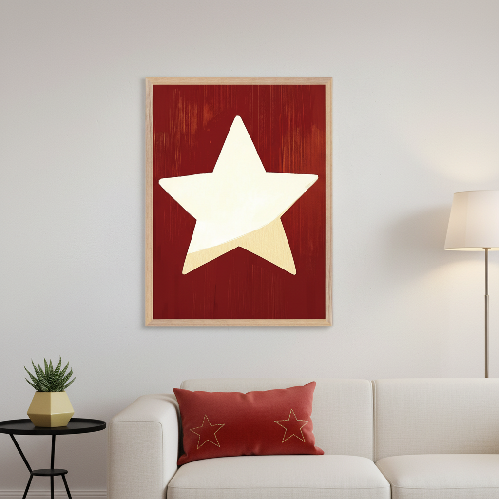 Modern living room with a white sofa, black side table, and floor lamp. A framed abstract painting of a large pale yellow star on a textured dark red background hangs above the sofa. A red pillow with embroidered stars rests on the sofa.