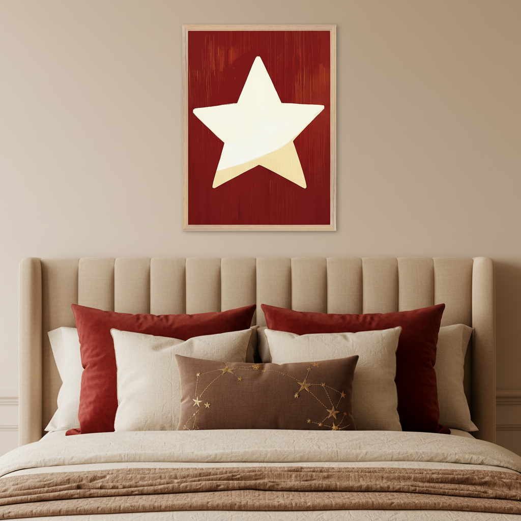 Modern bedroom with a beige upholstered bed. A framed artwork of a large white star with a golden glow on a textured red background hangs above the bed. The bed has red, cream, and brown pillows, including one with gold constellation embroidery.