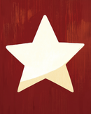 Stylized cream-colored star with layered texture, set against a painted red wood background with vertical brush strokes.