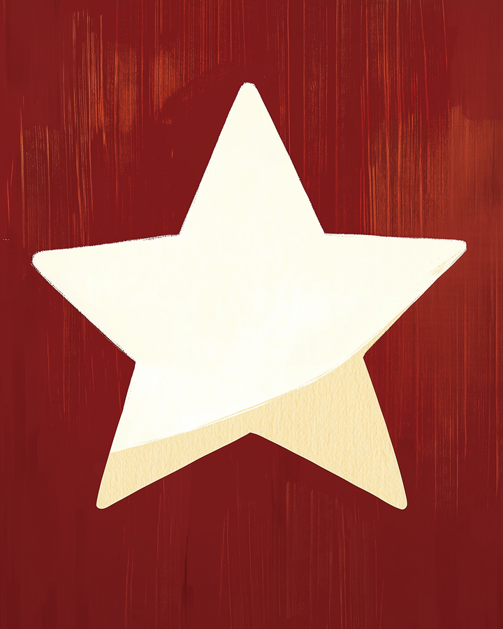 Stylized cream-colored star with layered texture, set against a painted red wood background with vertical brush strokes.