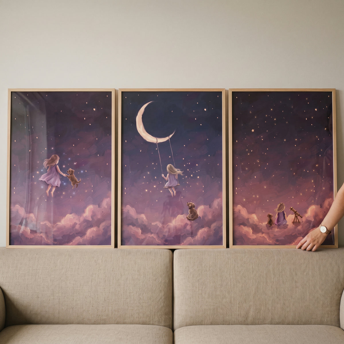 Stardust orchid girl dog wall art set of 3 shows a child and pet in a starry purple sky with clouds and a crescent moon.