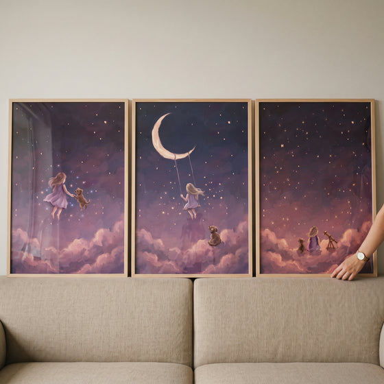 Stardust orchid girl dog wall art set of 3 shows a child and pet in a starry purple sky with clouds and a crescent moon.