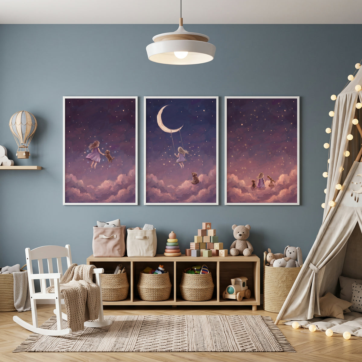 Stardust Orchid Girl Dog Wall Art Set of 3 - Celestial Cloud Friends