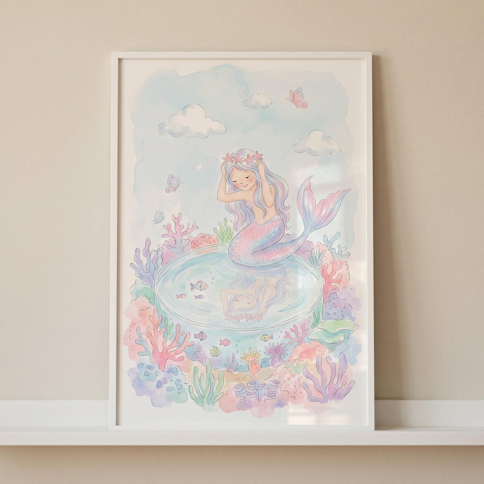 Starfish crown pastel mermaid wall art showing a blue-haired mermaid gazing at her reflection above a coral reef.
