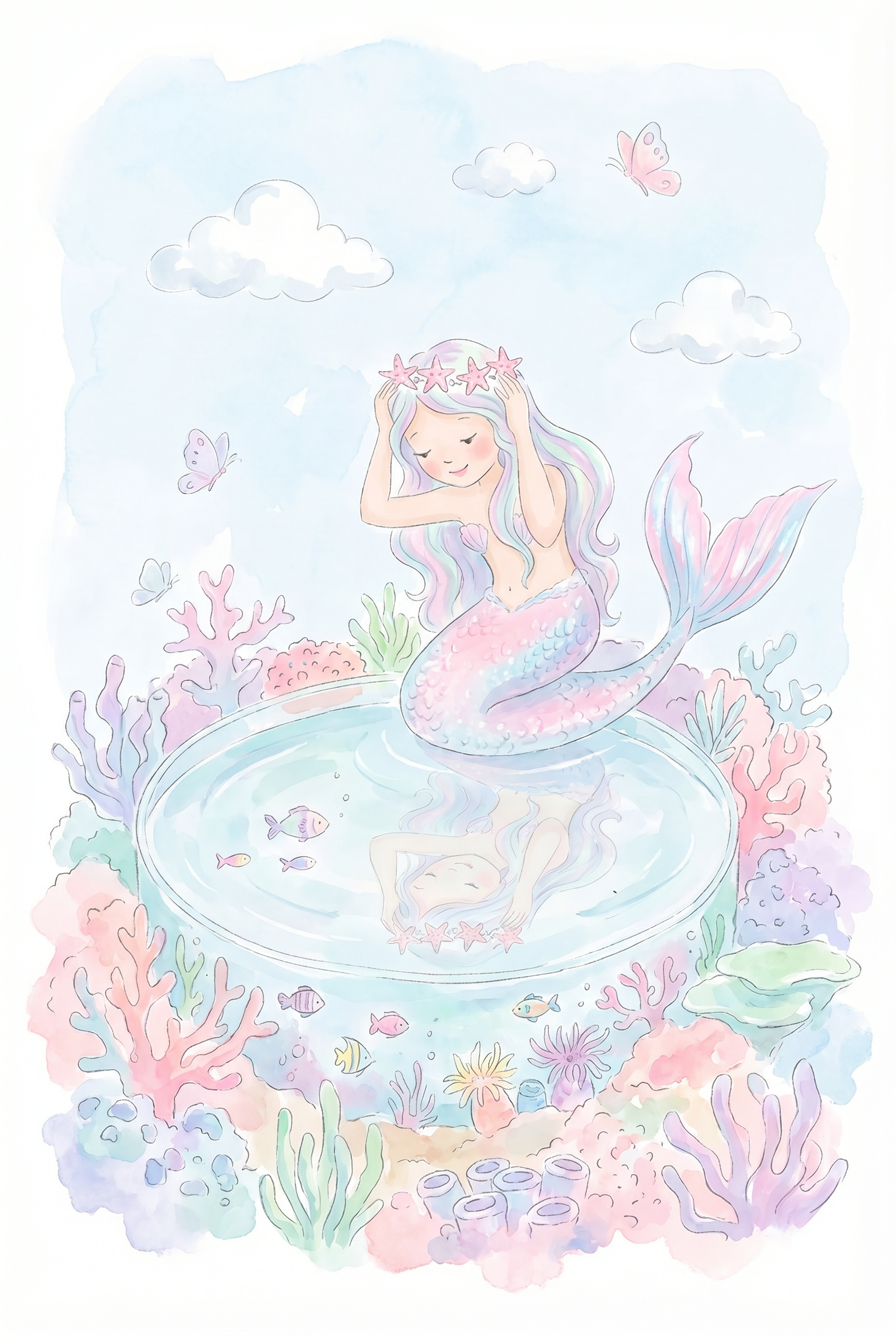 Starfish Crown Pastel Mermaid Wall Art - Whimsical Mermaid Mirror