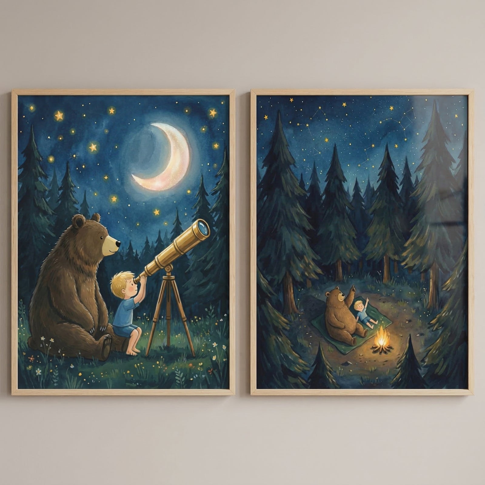 A pair of framed storybook illustrations depicts a gentle friendship between a large brown bear and a young boy with blond hair, set against a whimsical forest backdrop at night. Both pieces feature soft textures and a warm, inviting color palette of deep blues, forest greens, and golden highlights.
The illustration on the left shows the duo in a grassy meadow under a bright crescent moon and a star-filled sky. 