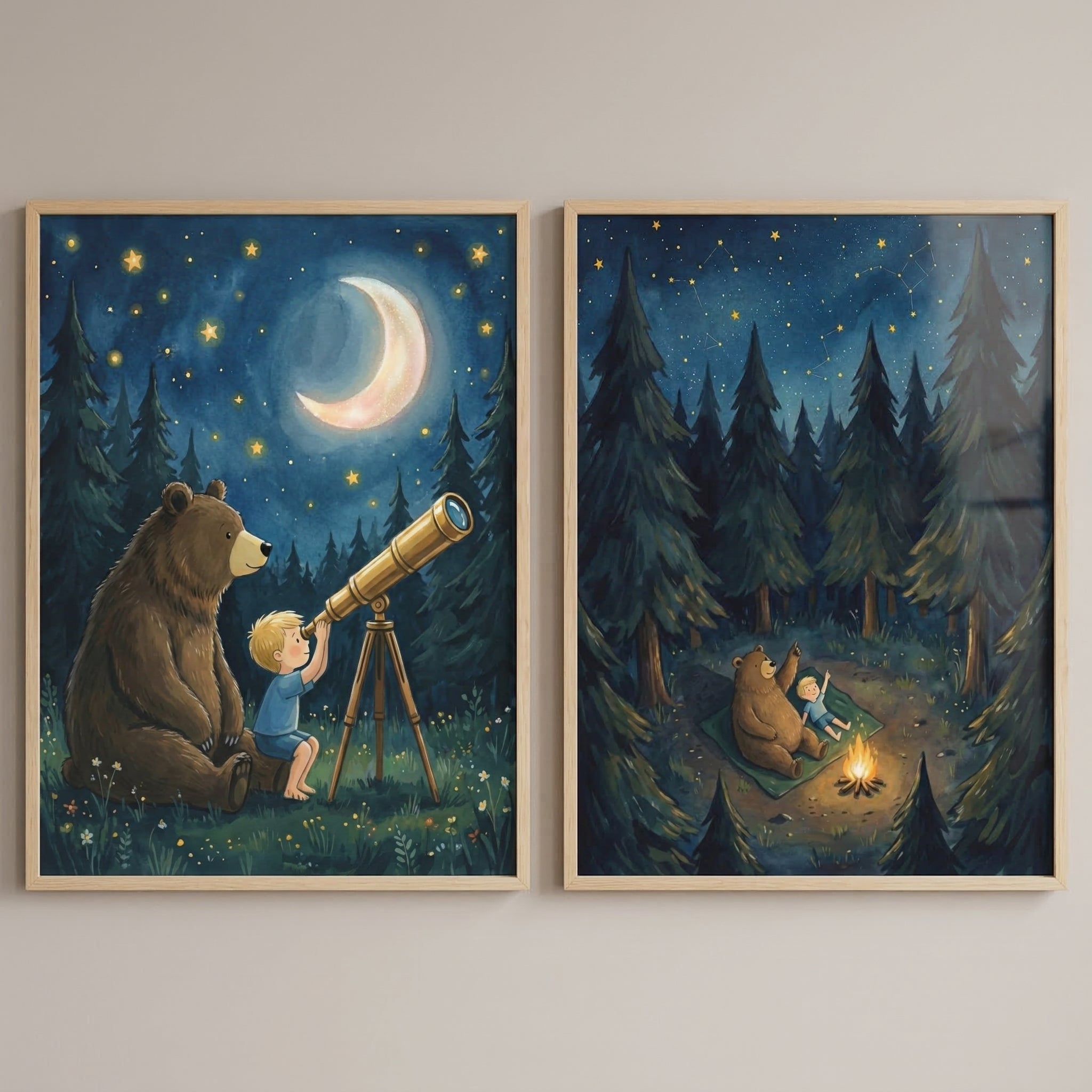 Bear And Boy Stargazing Wall Art Set of 2 - Starlit Forest Friends