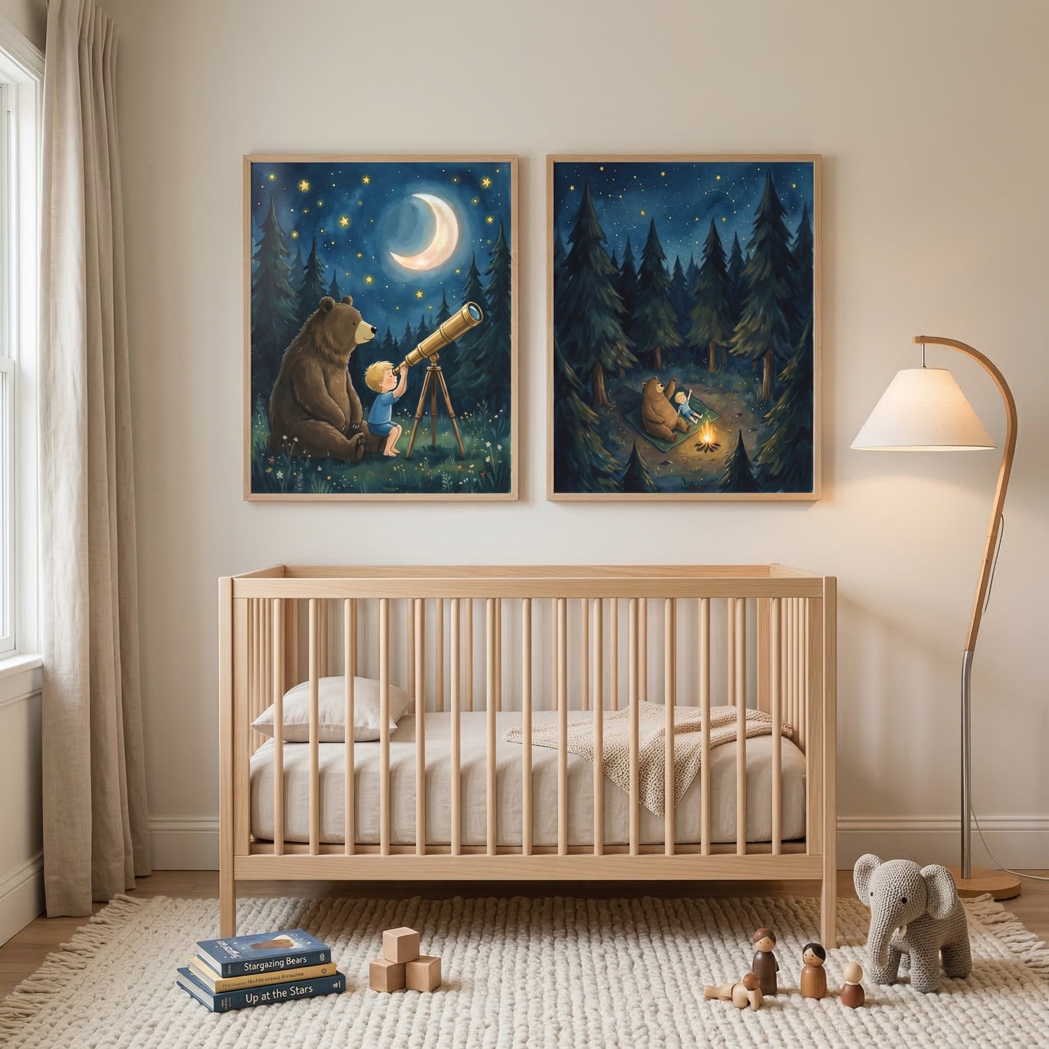 Bear And Boy Stargazing Wall Art Set of 2 - Starlit Forest Friends