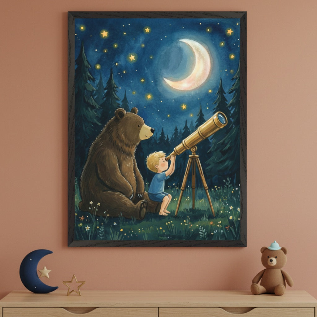 Kid's room with a light wood dresser. An illustrative framed painting of a brown bear and a blonde boy looking through a telescope at a crescent moon and stars in a nighttime forest hangs above the dresser. A dark blue moon, gold star, and teddy bear sit on the dresser.