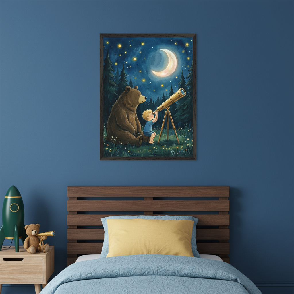 Kid's bedroom with a wooden slatted bed, blue bedding, and yellow pillow. A framed illustration of a bear and a boy looking through a telescope at the moon and stars in a night forest hangs centered above the bed on a blue wall. A green rocket and teddy bear with a small telescope sit on a wooden nightstand.