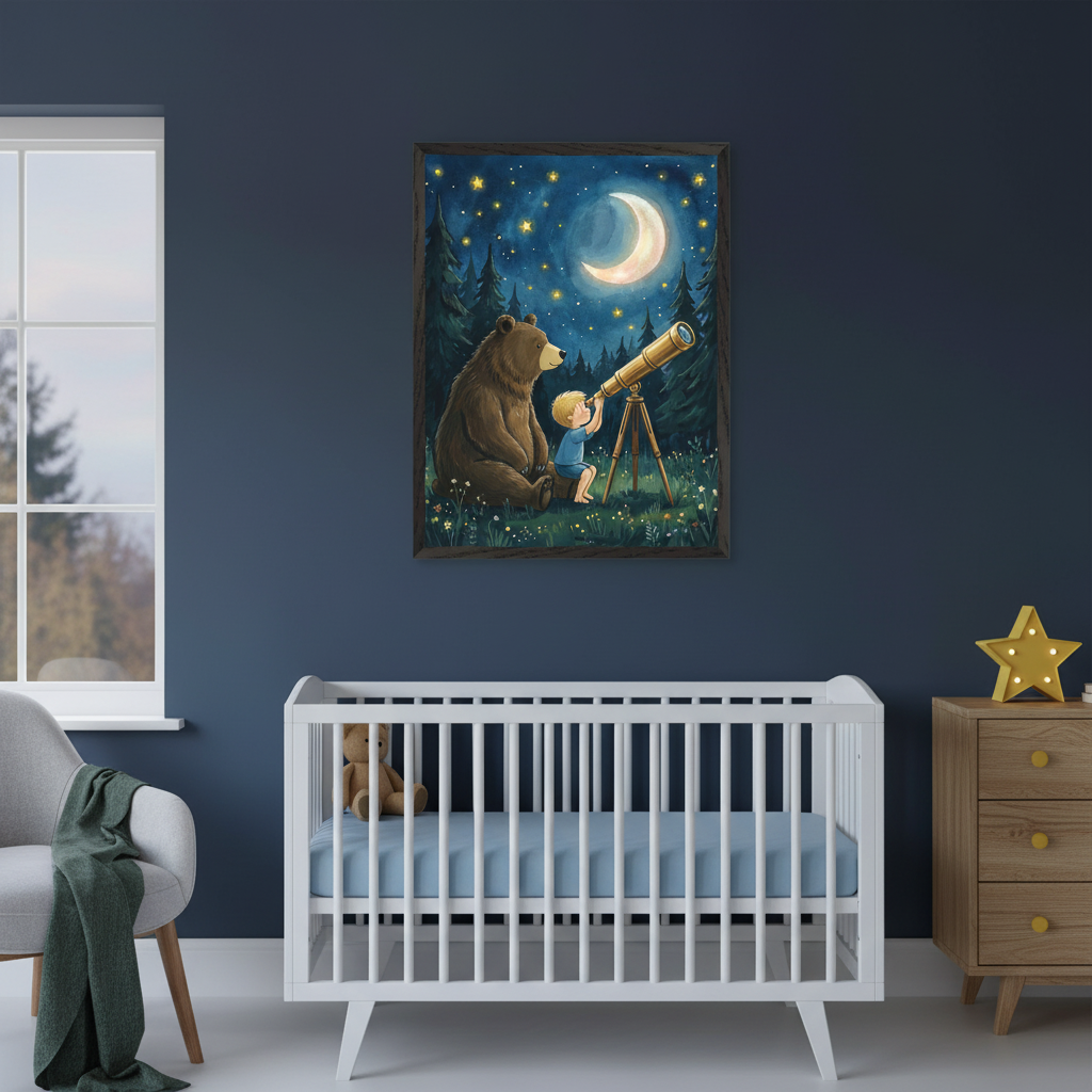 Modern nursery with a white crib, gray armchair, and wooden dresser. A framed illustration of a bear and a boy looking through a telescope at a starry night sky with a crescent moon hangs on the dark blue wall above the crib.