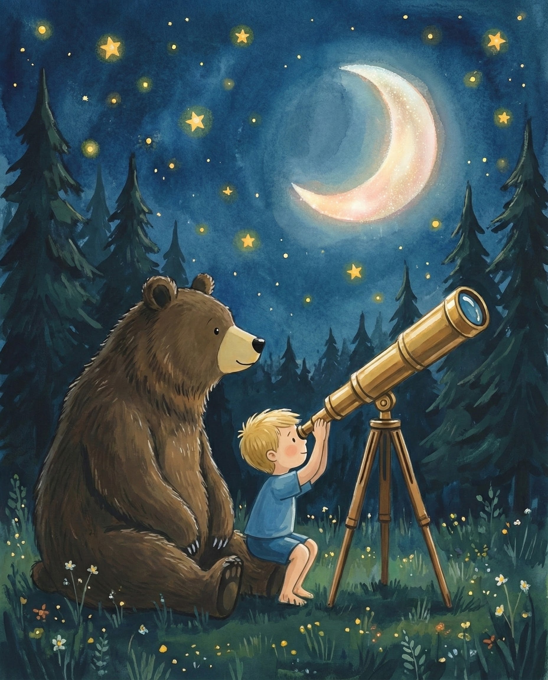 An adorable scene of a boy using a telescope to look at the crescent moon while a bear sits beside him in a clearing filled with wildflowers under a star-filled sky reflecting a peaceful night of discovery friendship and quiet love with the bear
