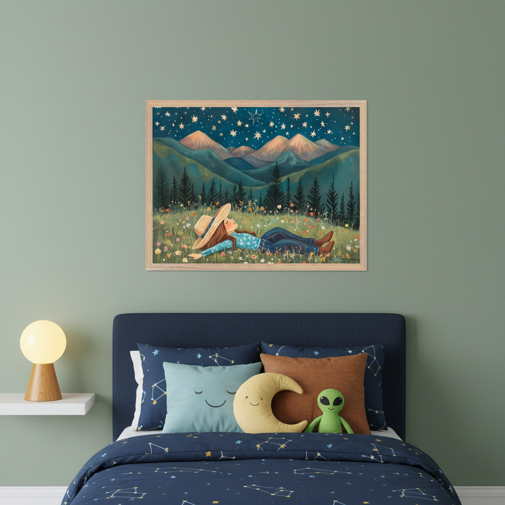 Modern nursery with a white crib, gray armchair, and white dresser. A framed painting of a person lying in a flowery field under a starry mountain sky hangs above the armchair, right of the crib.