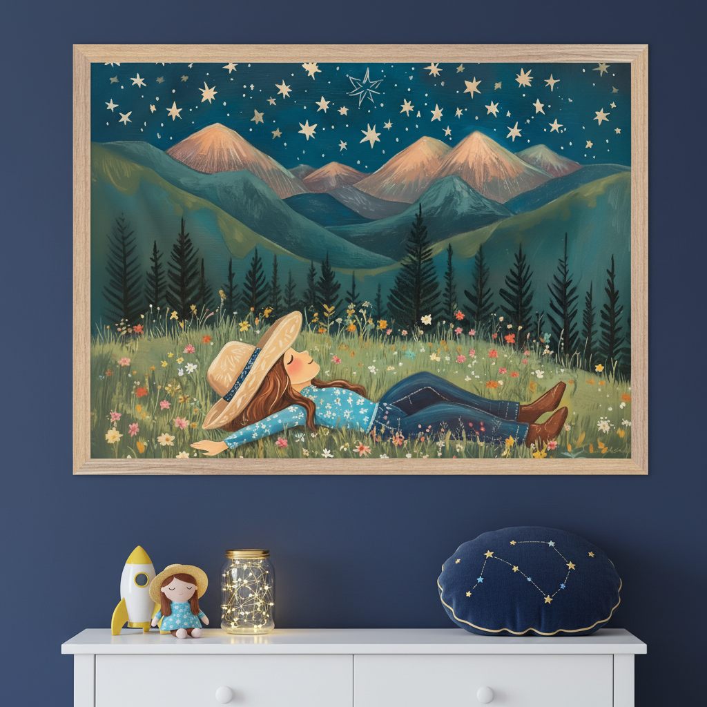 Kid's bedroom with a dark blue wall and white dresser. A large framed painting hangs above the dresser, depicting a girl lying in a field of wildflowers under a starry night sky with mountains. A rocket toy, doll, and constellation pillow are on the dresser.