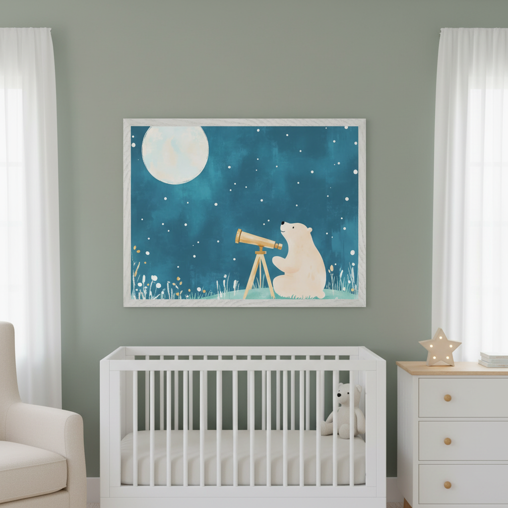 Modern nursery with sage green walls. A large framed print of a whimsical illustration, depicting a polar bear looking through a telescope at a large moon and stars, hangs centered above a white crib. A cream armchair and a white dresser are also visible.